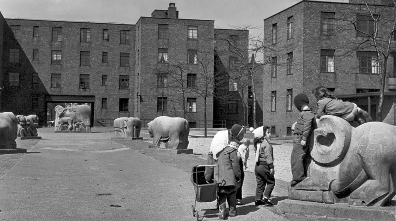 Children playing outside the Jane Addams Homes, 1324 South Loomis, Chicago, Illinois, May 16, 1951.